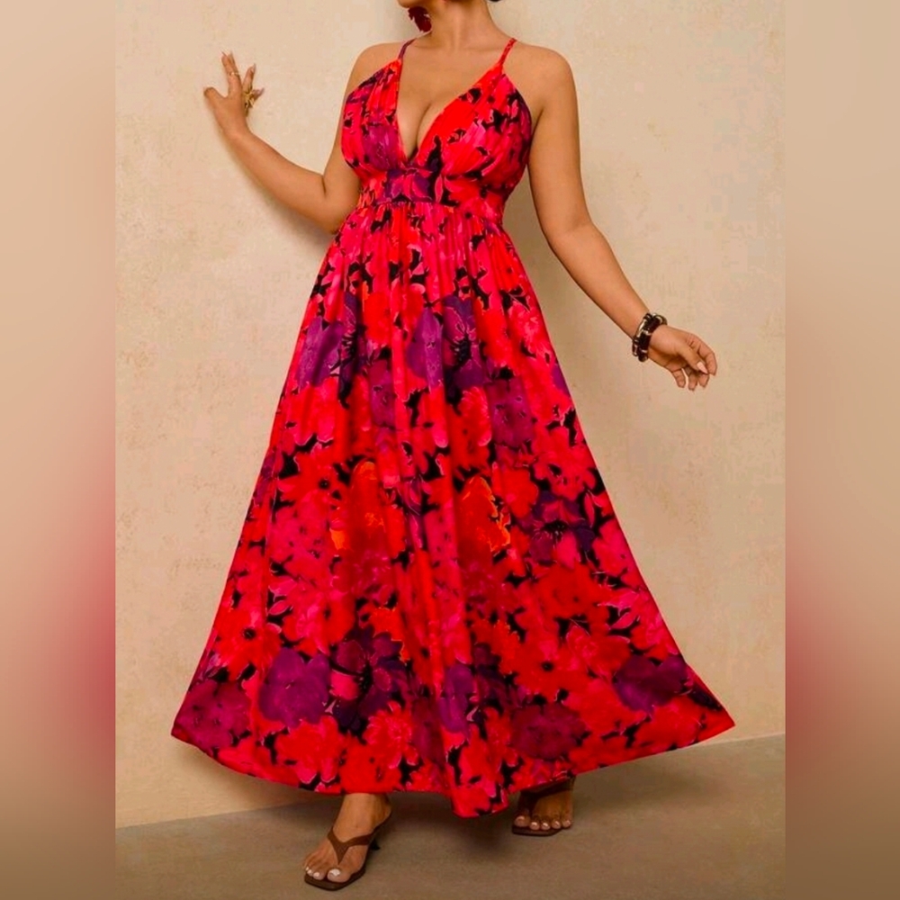 * New Flowy Boho Floral Print Maxi Dress Plunge V Neck Halter PLUS Red Purple